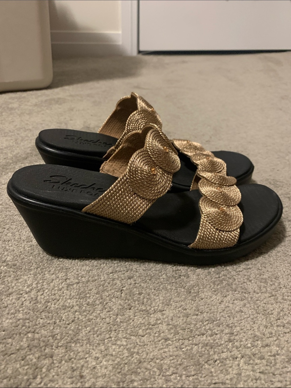 Skechers Black Wedge Sandals with Gold Decorative Braided Straps